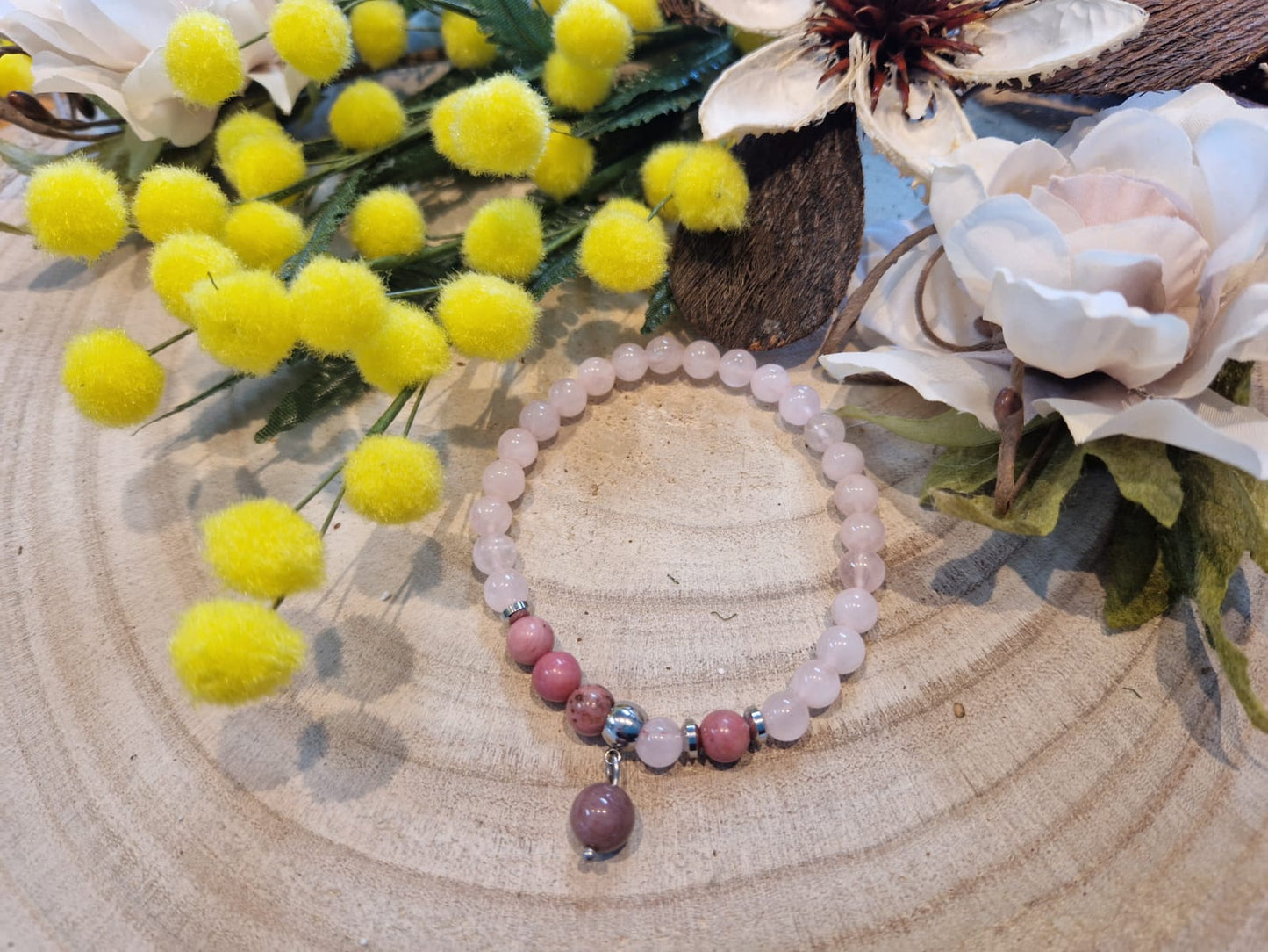 Bracciale 6 mm quarzo rosa e rodonite