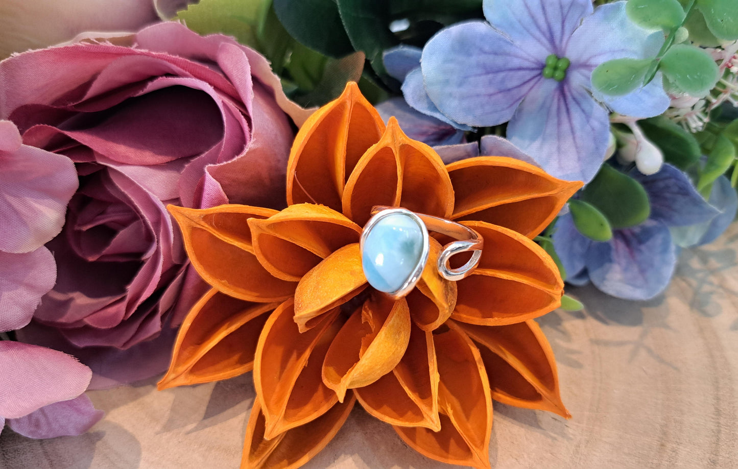 Anello Larimar pietra naturale in argento