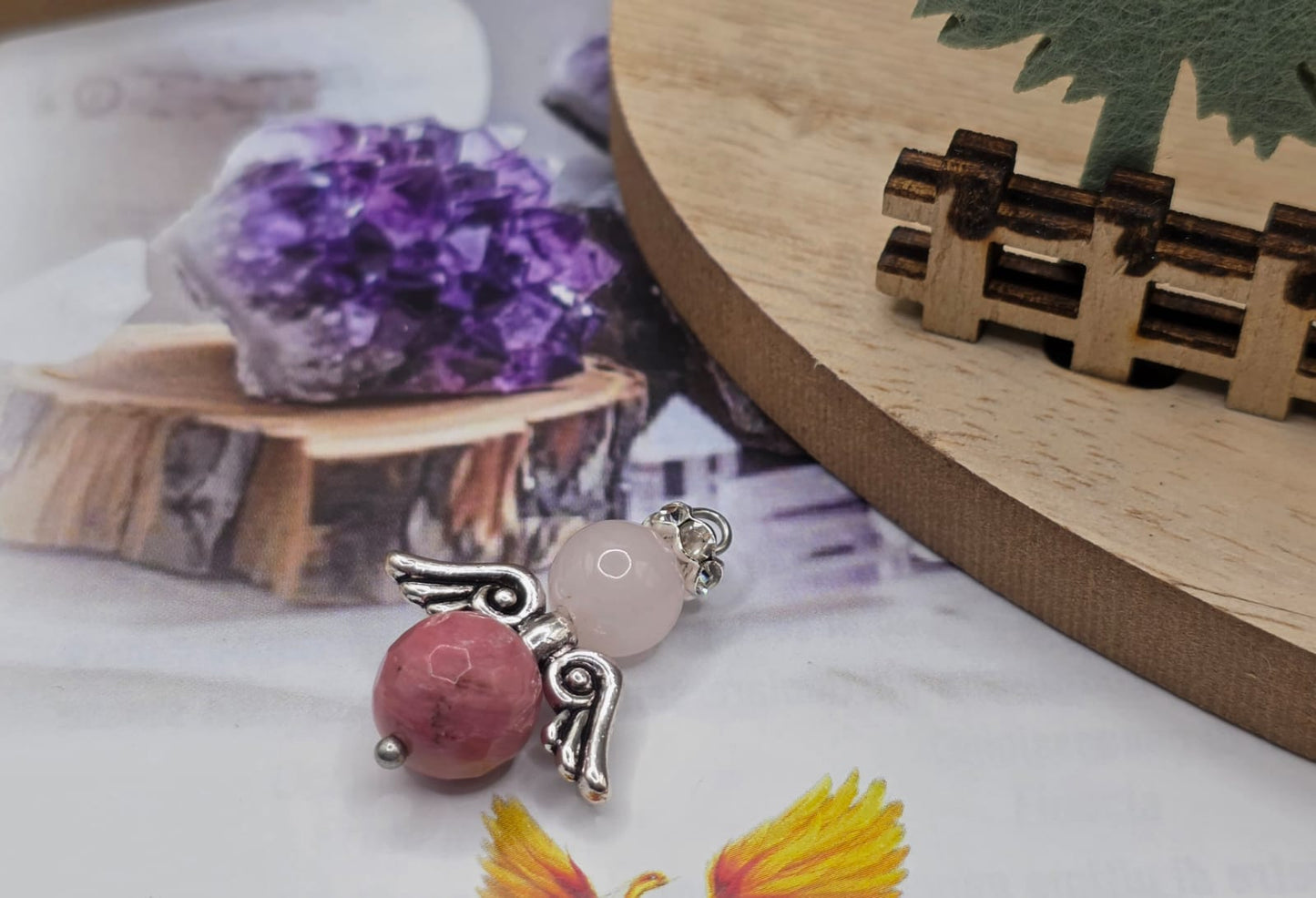 Ciondolo angelo Quarzo rosa e Rodonite pietra naturale