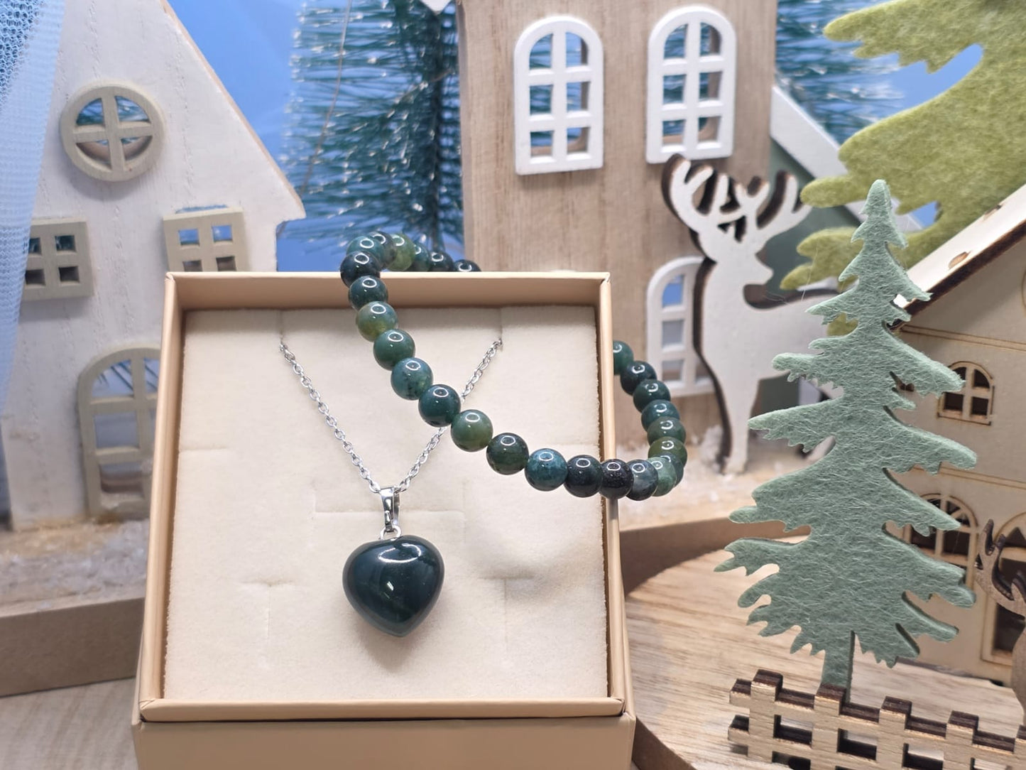 bracciale 6mm e ciondolo cuoricino agata muschiata