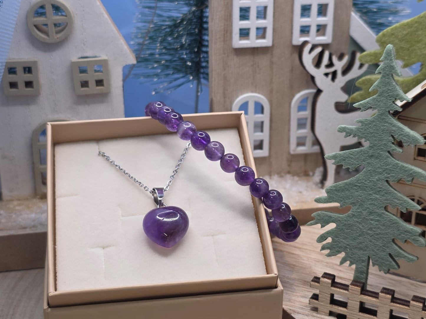 bracciale 6mm e ciondolo cuoricino ametista