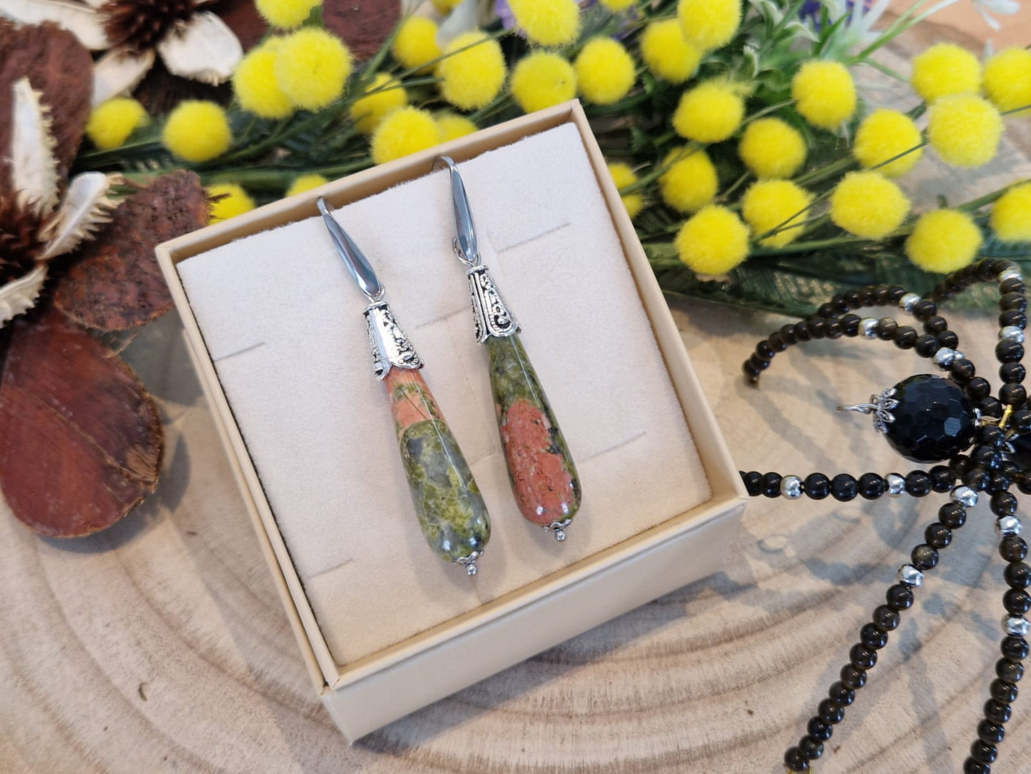 Orecchini goccia unakite pietra naturale