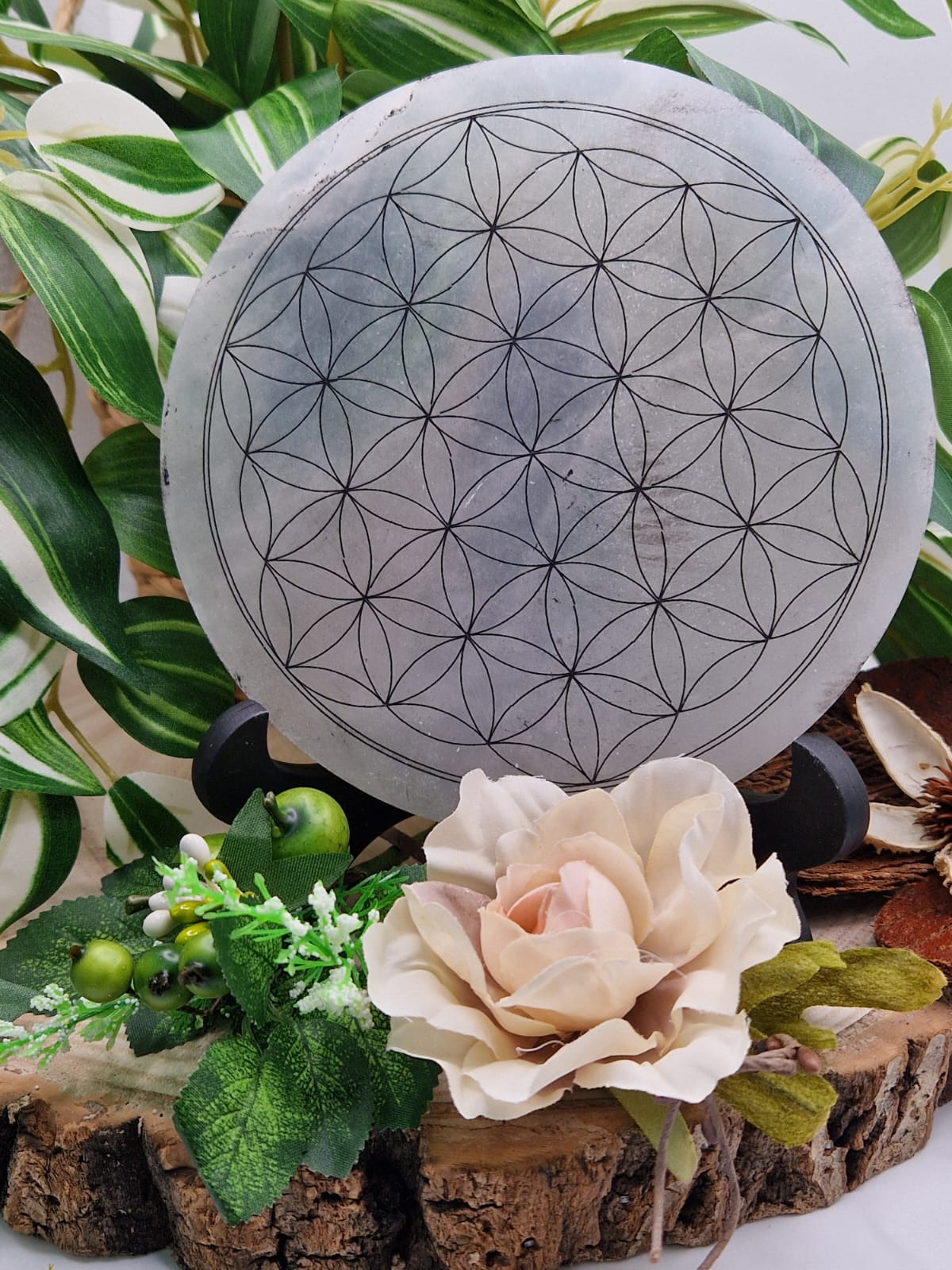 Piatto armonizzatore Selenite pietra naturale Fiore della vita nero