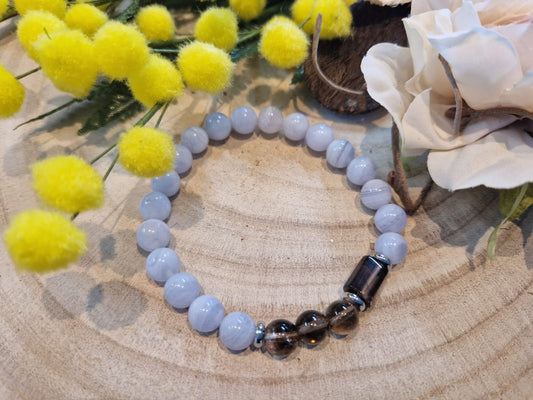 Bracciale 8 mm calcedonio e quarzo fumé
