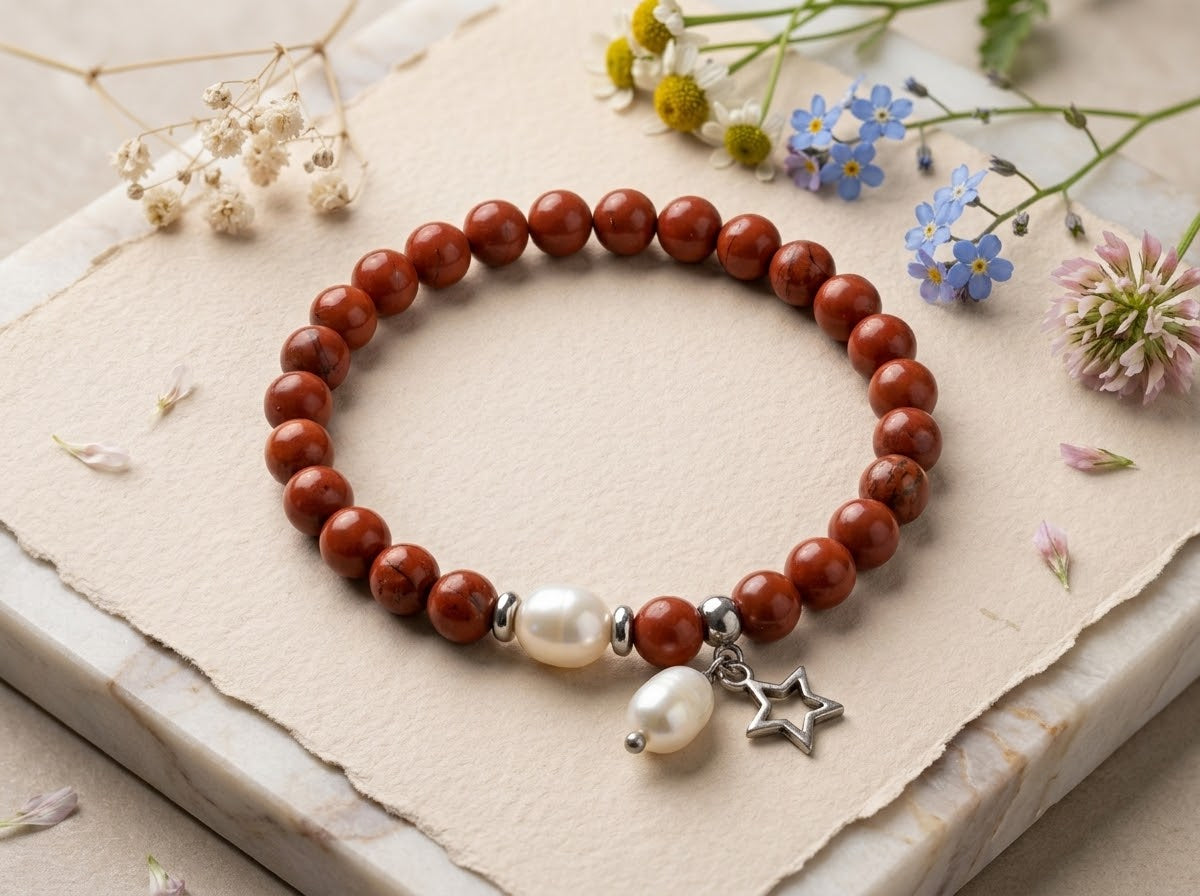 Bracciale Diaspro rosso e Perla naturale