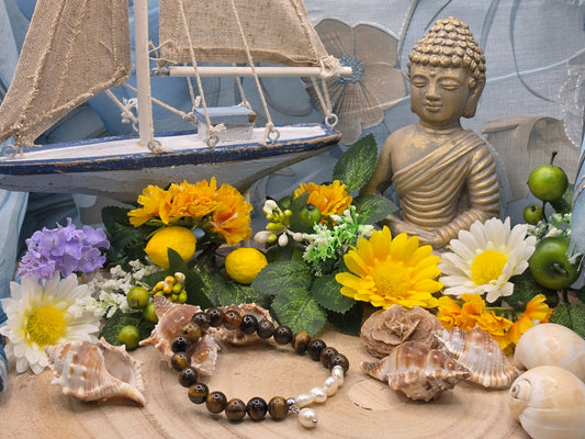 Bracciale Occhio di tigre e Perla naturali