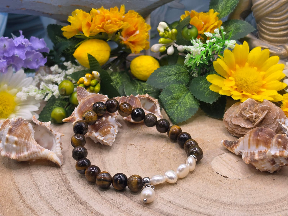 Bracciale Occhio di tigre e Perla naturali