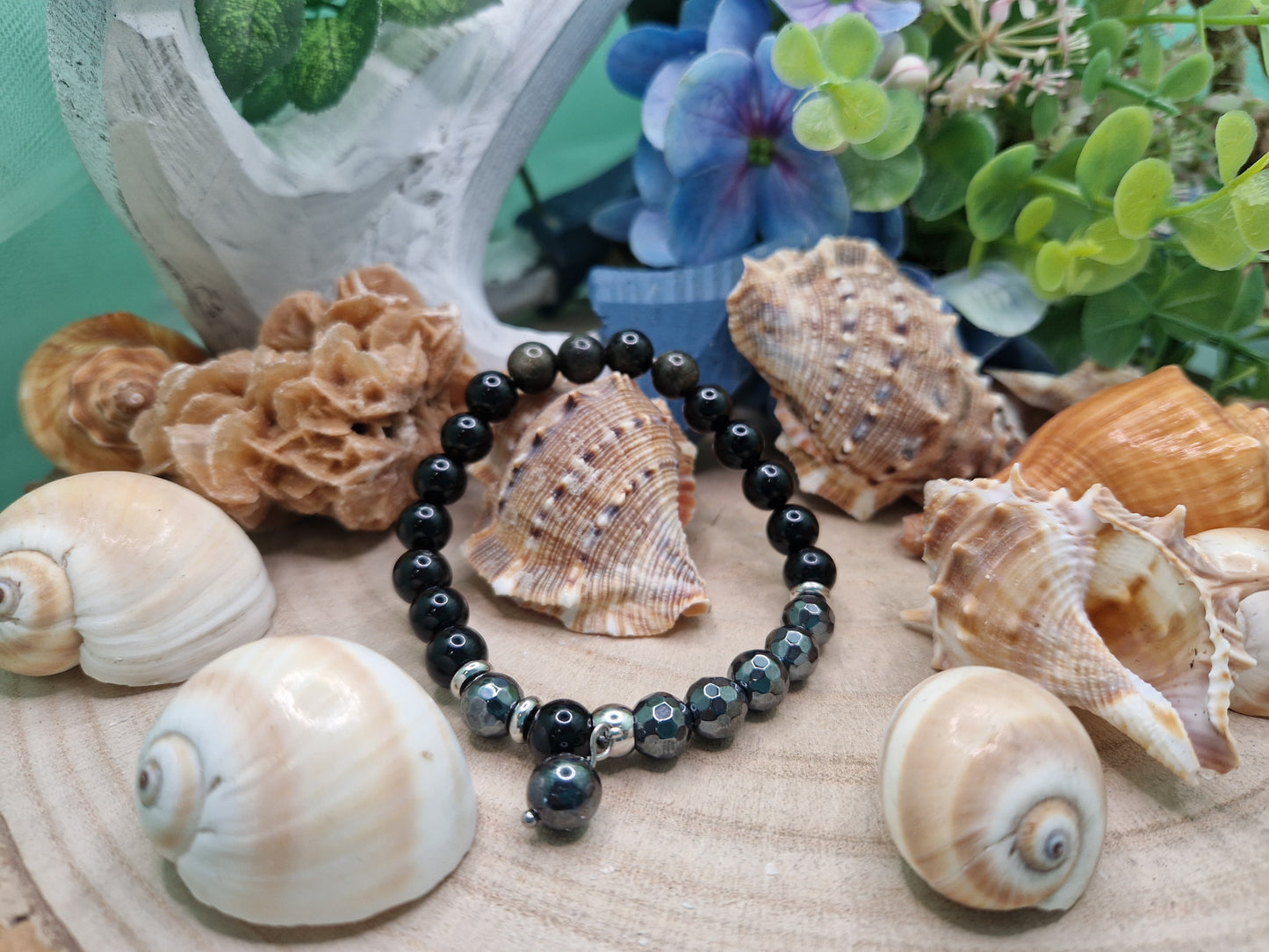Bracciale ossidiana nera ed ematite naturali