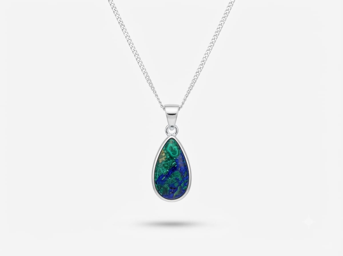 Ciondolo Azzurrite malachite naturale su argento dettaglio