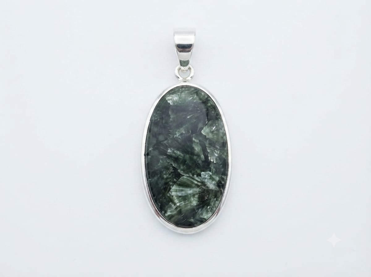 Ciondolo ovale Serafinite naturale e argento dettaglio