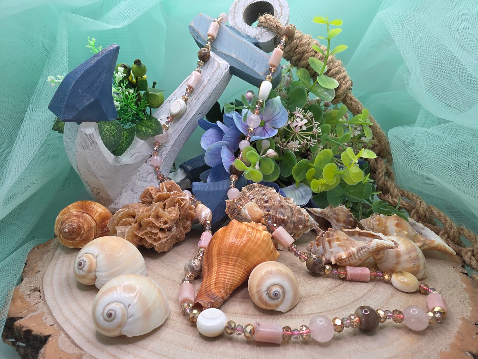 Collana Opale Rosa e Legno Fossile pietra naturale