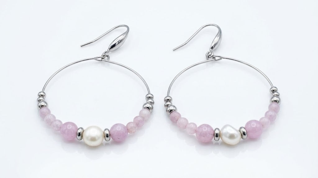 Orecchini Kunzite e Perla fondo bianco