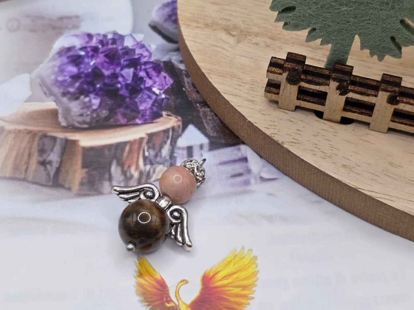 Ciondolo angelo Pietra di luna e Legno fossile naturale