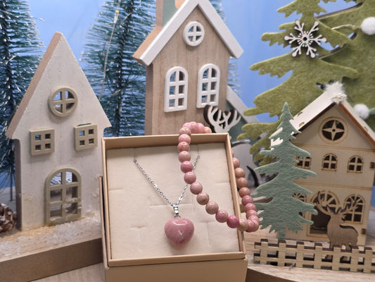 bracciale 6mm e ciondolo cuoricino rodonite